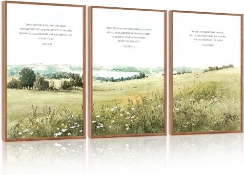 KAIRNE Scripture Christian Canvas Wall Art,Bible Verse Prints Set of 3(16”X24”),Modern Scripture Floral Wall Decor,Framed Green Countryside Field Paintings for Living Room Bedroom Ding Room Decor - Lot 8630