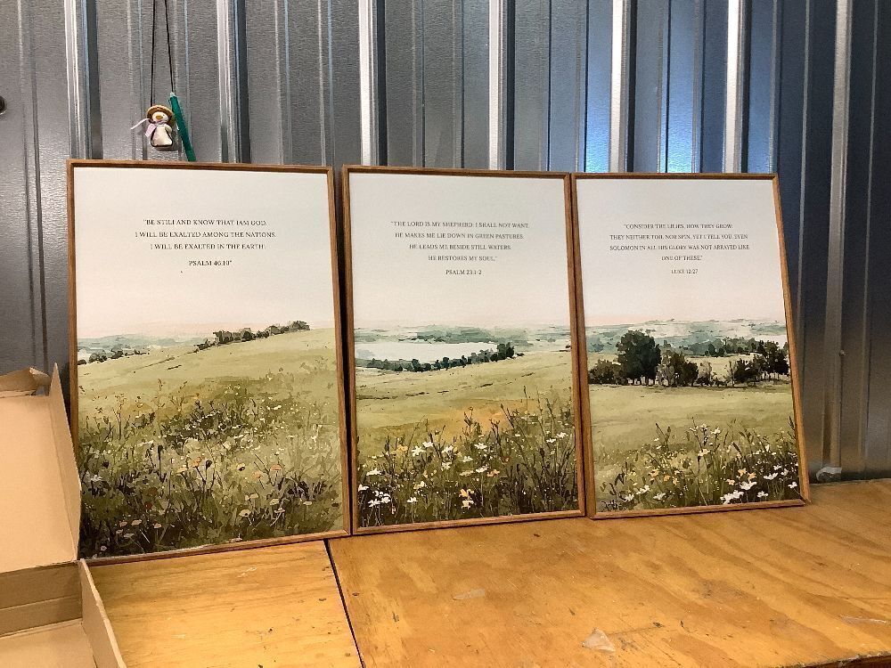 KAIRNE Scripture Christian Canvas Wall Art,Bible Verse Prints Set of 3(16”X24”),Modern Scripture Floral Wall Decor,Framed Green Countryside Field Paintings for Living Room Bedroom Ding Room Decor - Image 2 - Lot 8630