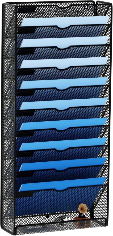 GDINDINFAN Hanging Wall File Organizer 10 Tier Wall Mounted File Holder Document Wall Organizer Magazine Organization for Office Home, Black - Image 1 - Lot 8634