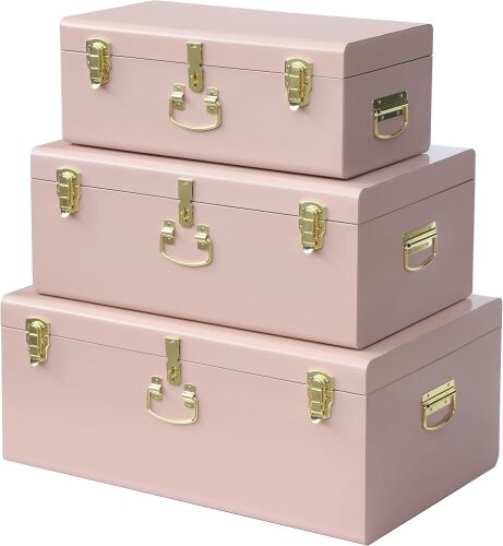 Vixdonos Decorative Box Set of 3 Metal Trunks Chest with Safety Lock Clasp for Treasure Organization and Home Dorm Decor,26.8x16.5x11Inches - Lot 8635