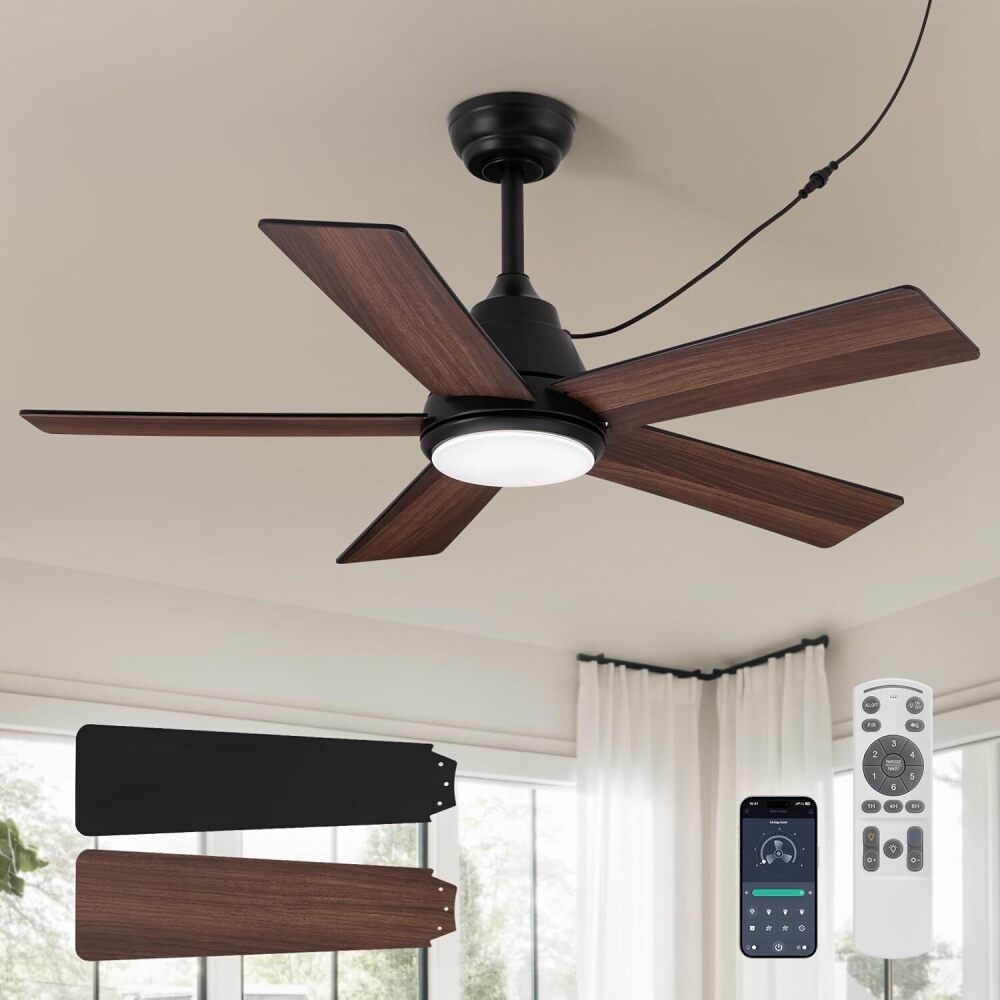 SPACORA 42 Inch Ceiling Fan with Light, Black Ceiling Fans with Lights and Remote/APP, 3CCT, Noiseless DC Motor, Waterproof Plug in Ceiling Fan for Bedroom, Living Room, Patio, Indoor/Outdoor Use - Image 1 - Lot 8637