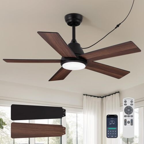 SPACORA 42 Inch Ceiling Fan with Light, Black Ceiling Fans with Lights and Remote/APP, 3CCT, Noiseless DC Motor, Waterproof Plug in Ceiling Fan for Bedroom, Living Room, Patio, Indoor/Outdoor Use - Lot 8637