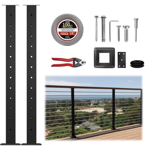 Rayzi 42" 2Pack Cable Railing Post (Post 41"x2"x2"), Stainless Steel Level Line Post Handrail Post with 100ft 1/8 Stainless Steel Cable and Wire Pliers DIY Kit (No Handrail), Black - Lot 8638