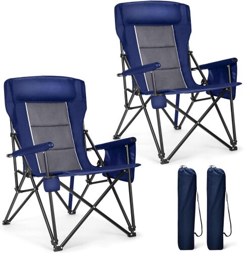 ALPHA CAMP Oversized Folding Camping Chairs High Backrest Heavy Duty Lawn Chairs for Adults Support 500 LBS Portable Camp Chairs with Cup Holders Large Side Pocket Outdoor Chair 2 Pack - Lot 8647
