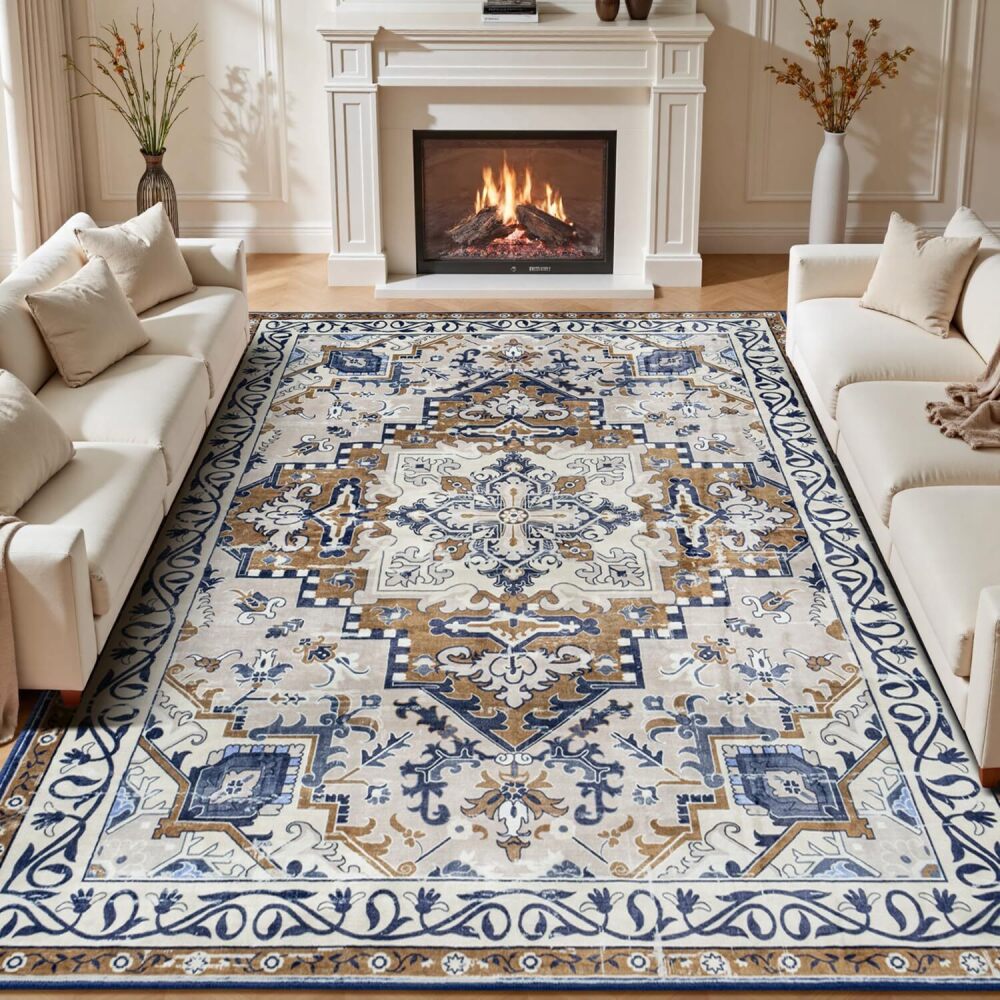 Rugflix 8x10 Area Rug for Living Room, Machine Washable Area Rugs with Non-Slip Backing, Large Soft Boho Vintage Rug for Bedroom, Dining Room, Low Pile Carpet, Kids Pet Friendly, Brown Beige - Image 1 - Lot 8648