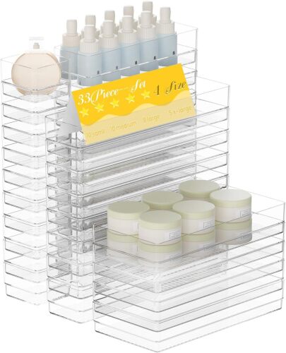 Maxset 33 PCS Clear Plastic Drawer Organizer Set, 4 Sizes Acrylic Drawer Storage Trays Non Slip Storage Bins for Makeup, Jewelry, Gadgets for Kitchen, Bedroom, Bathroom, Office - Lot 8652