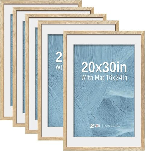 VCK 20x30 Poster Frame 5 Pack - Natural Wood Grain, High-End Wood Picture Frames with Polished Plexiglass, Display 16x24 Photo with Mat or 20x30 without Mat, Art Gallery-Quality, Wall Hanging, Natural - Lot 8653