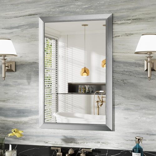 Briivue 24x36 Inch Brushed Nickel Bathroom Mirror for Wall, Thick Metal Framed Rectangle Mirrors for Over Sink, Bedroom, Living Room, Entryway, Anti-Rust, HD Tempered Glass - Lot 8654