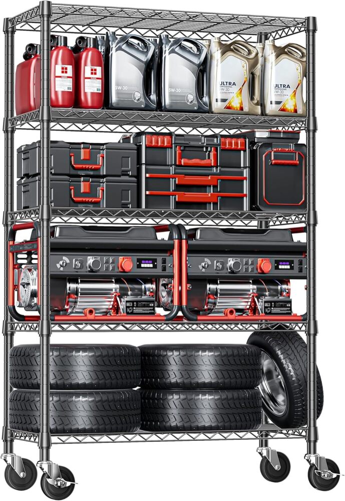 IZEUK 5-Tier Adjustable Heavy Duty Steel Wire Shelving Unit with Wheels, Storage Rack Organizer for Garage, Kitchen, Office, Laundry, Basement - Image 1 - Lot 8662