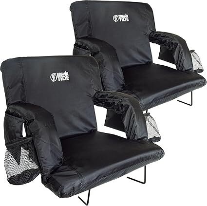 BRAWNTIDE Stadium Seat with Back Support - Comfy Cushion, Thick Padding, 2 Steel Bleacher Hooks, 4 Pockets, 2 Cup Holders, Reclining Back, Ideal Chair for Sport Events, Beaches, Camping, Concerts - Lot 8522