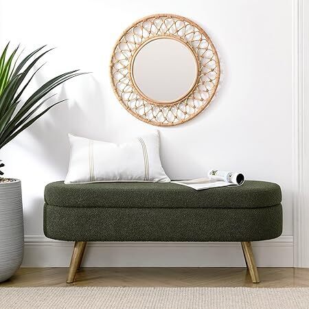 Oval Storage Bench 43.5" Linen Fabric Upholstered Entryway Bench with Solid Wood Legs Ottoman Bench Indoor Bench for Living Room/Bedroom/End of Bed/Entryway (Dark Green) - Image 1 - Lot 8527