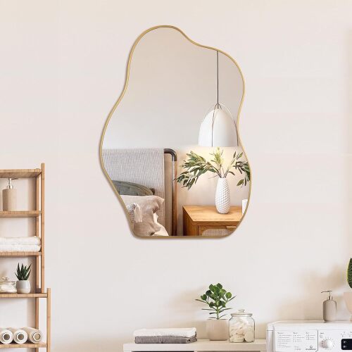 BOMINICA Irregular Wall Mirror Asymmetrical Mirror, Decorative Wall Mirror Golden Wood Framed, Wall Mounted Mirror for Bathroom Living Room Entryway Bedroom Hallway - Lot 8537