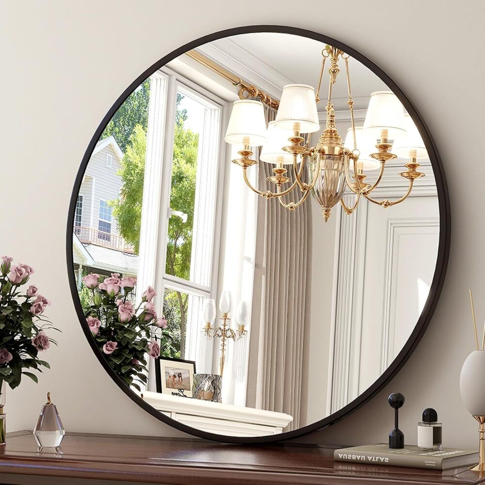 30 Inch Round Mirror - Circle Mirrors for Bathroom, Entryway and Living Room Wall Decor, Modern Hanging Vanity Mirror, Matte Black Circle Decorative Wall Mirror - Image 1 - Lot 8538