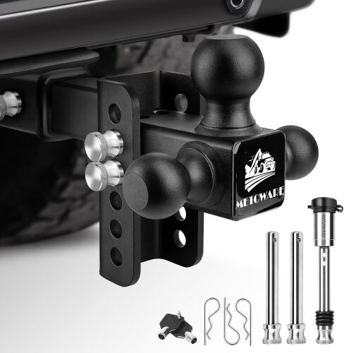 METOWARE Adjustable Trailer Hitch, Drop Hitch Fits 2-Inch Receiver, Tow Hitch with 4-Inch Drop, 12,500 LBS, Tri-Ball (1-7/8", 2", 2-5/16") Trailer Hitch Receiver with Double Anti-Theft Pins Locks - Lot 8539