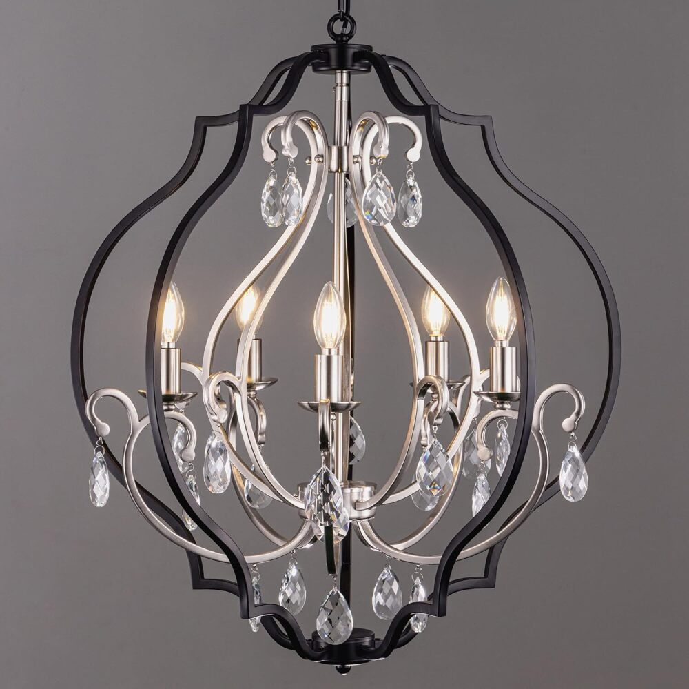 TOCHIC 5 Lights Farmhouse Chandelier, Rustic Orb Chandeliers for Dining Room, Black Crystal Chandelier Light Fixture for Living Room, Bedreoom, Hallway, Nickel, D 27" - Image 1 - Lot 8542