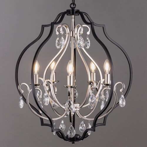 TOCHIC 5 Lights Farmhouse Chandelier, Rustic Orb Chandeliers for Dining Room, Black Crystal Chandelier Light Fixture for Living Room, Bedreoom, Hallway, Nickel, D 27" - Lot 8542
