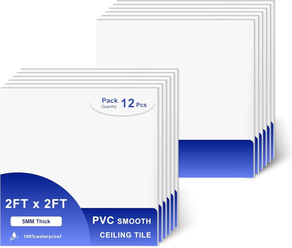 IMXPW Smooth Drop Ceiling Tiles 2ft x 2ft - Waterproof, Fire-Rated, Easy Drop-in Installation - Premium PVC to Prevent Breakage - Ceiling Tiles 24" x 24", 12-Pack Cover 48 Sq. Ft, White - Image 1 - Lot 8557