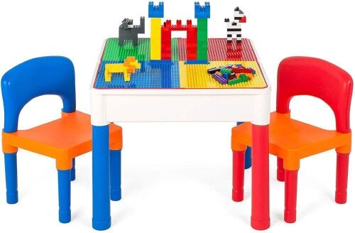 3-in-1 Kids Activity Table Set w/Building Block Table, Craft Table, Water Table, Storage Compartment, 2 Chairs - Lot 256