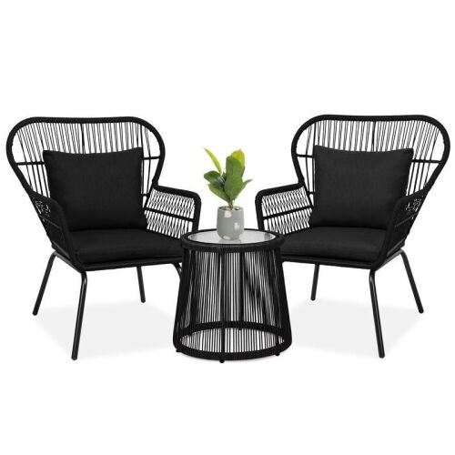 3-Piece Patio Wicker Conversation Bistro Set w/ 2 Chairs, Glass Top Table - Lot 263