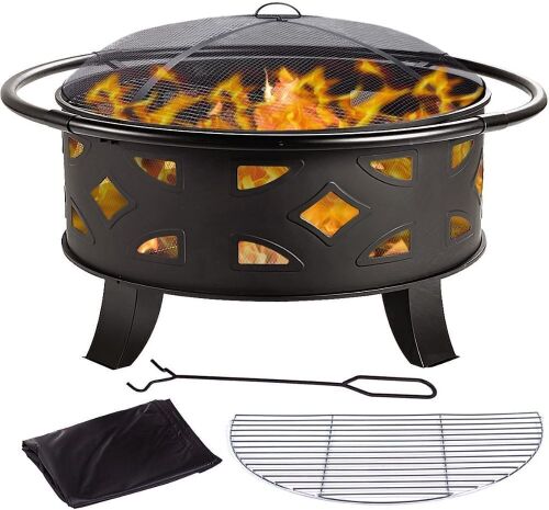 OOX 36'' Wood Burning Steel Firepit Bowl with Mesh Spark Screen, Over Log Grate, Fire Poker  - Lot 342