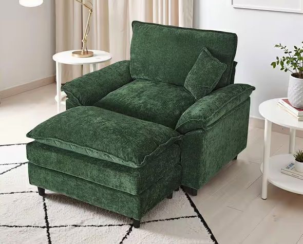 WONDER COMFORT Oversized Green Chenille Soft Single Sofa Arm Chair with Ottoman and 1-Small Pillow - Image 1 - Lot 31
