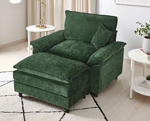 WONDER COMFORT Oversized Green Chenille Soft Single Sofa Arm Chair with Ottoman and 1-Small Pillow - Lot 31