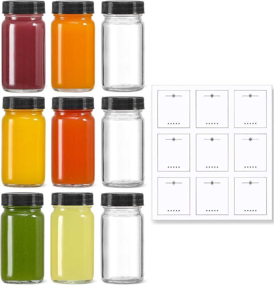 9 Pack 2 oz Glass Shot Bottles w/ Black Lids & Labels - Image 1 - Lot 442