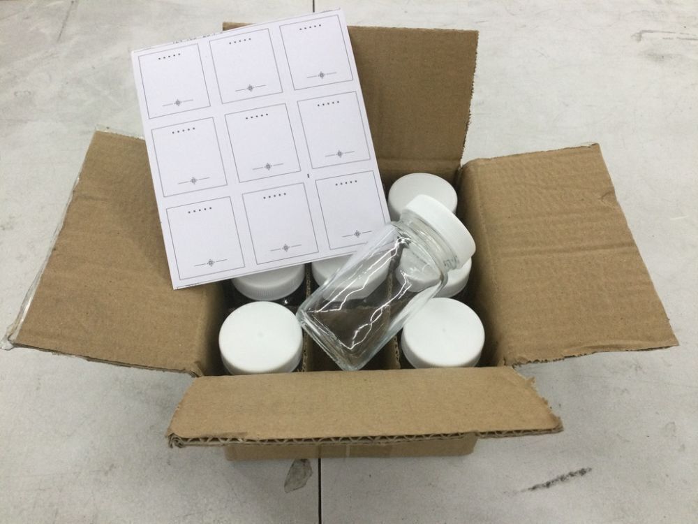 9 Pack 2 oz Glass Shot Bottles w/ Black Lids & Labels - Image 2 - Lot 442
