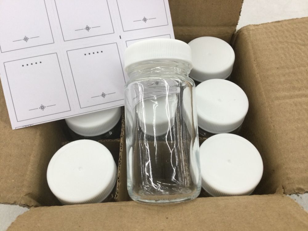 9 Pack 2 oz Glass Shot Bottles w/ Black Lids & Labels - Image 3 - Lot 442