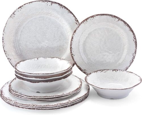 LEHAHA Vintage White Melamine Dinnerware Set, 12 Piece - Lot 445