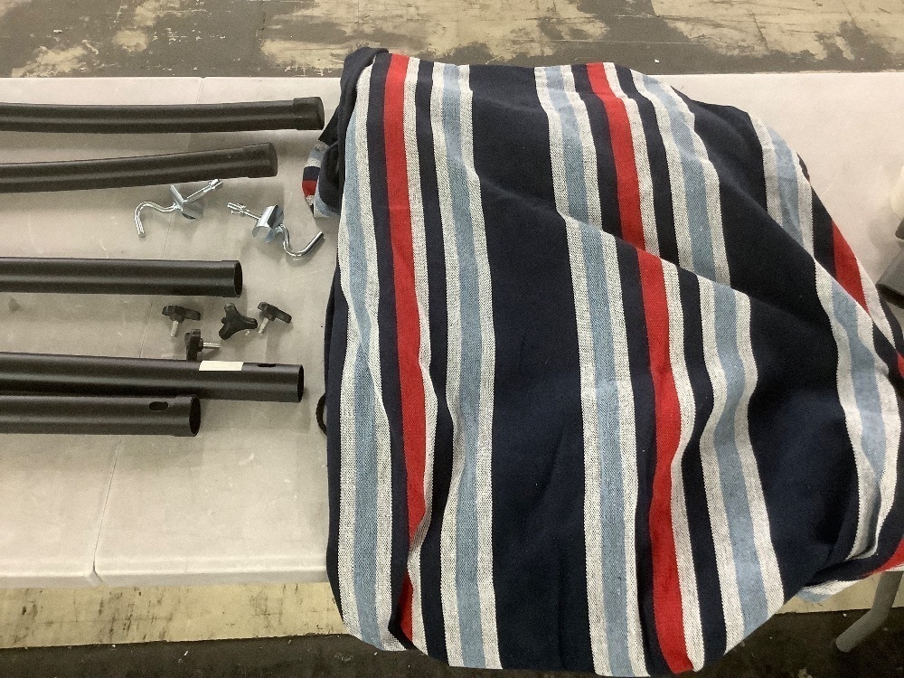 2-Person Brazilian-Style Double Hammock w/ Carrying Bag and Steel Stand - Missing 1 Knob Screw - Image 2 - Lot 190