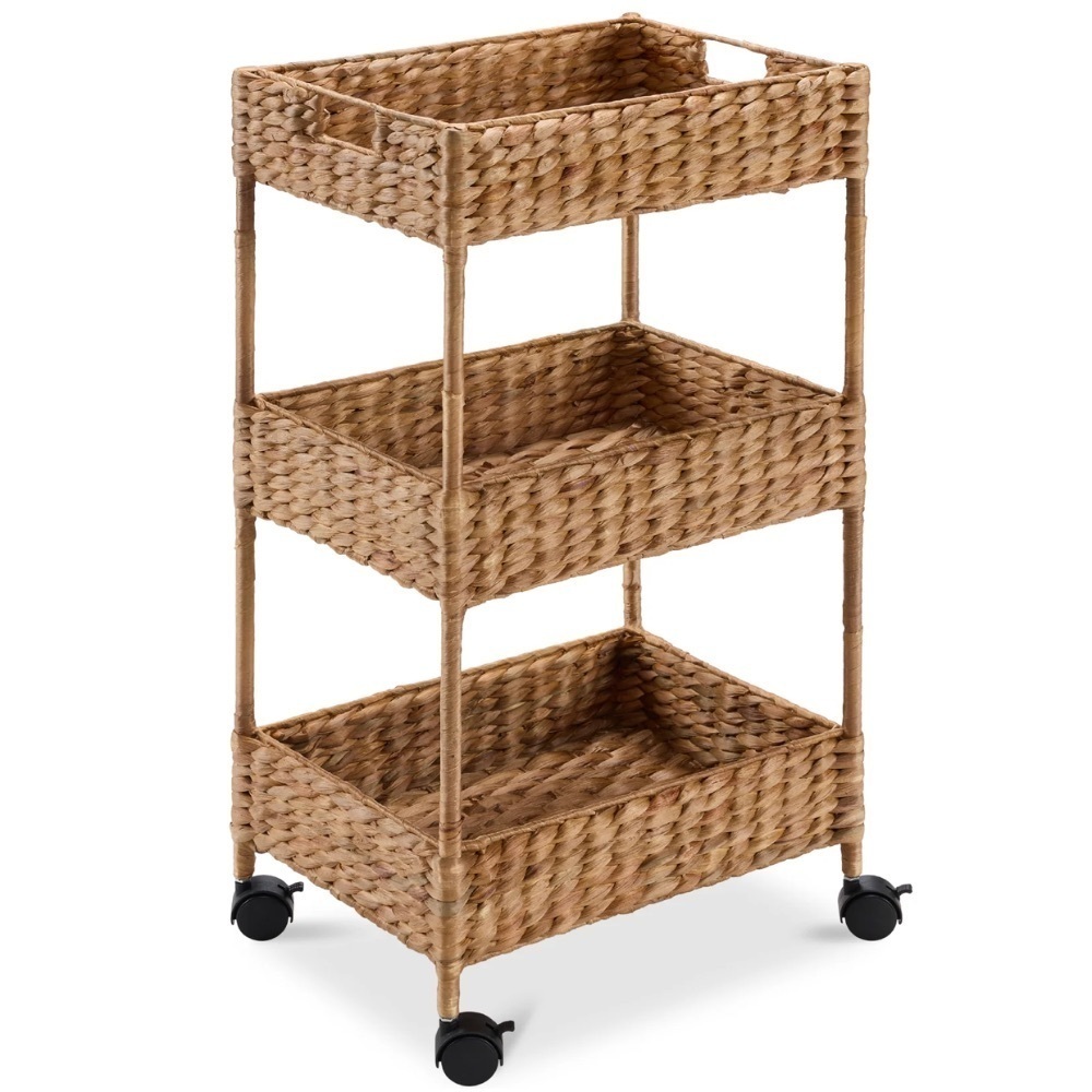 3-Tier Water Hyacinth Rolling Utility Cart w/ Weaved Baskets Natural - Image 1 - Lot 482