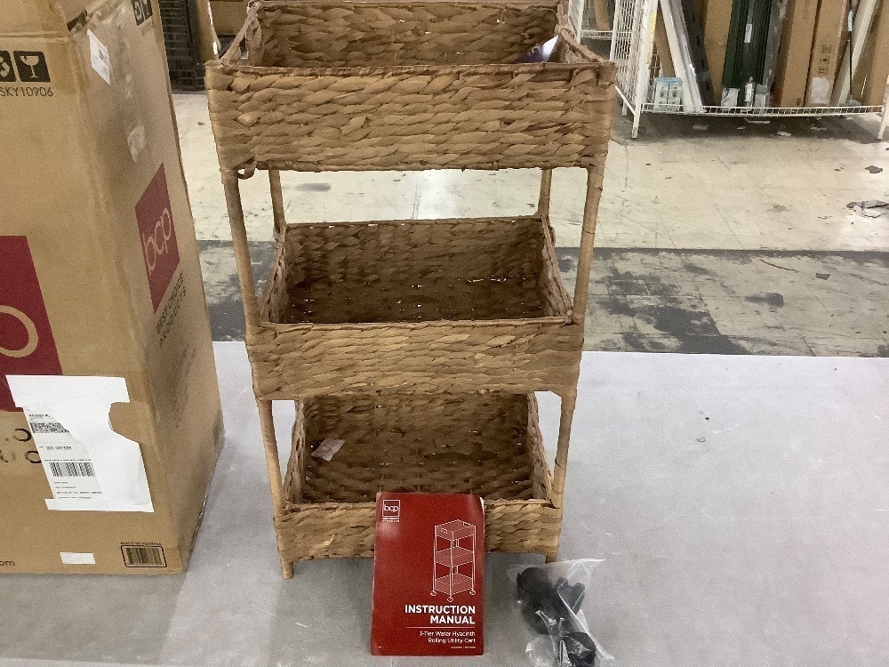 3-Tier Water Hyacinth Rolling Utility Cart w/ Weaved Baskets Natural - Image 2 - Lot 482
