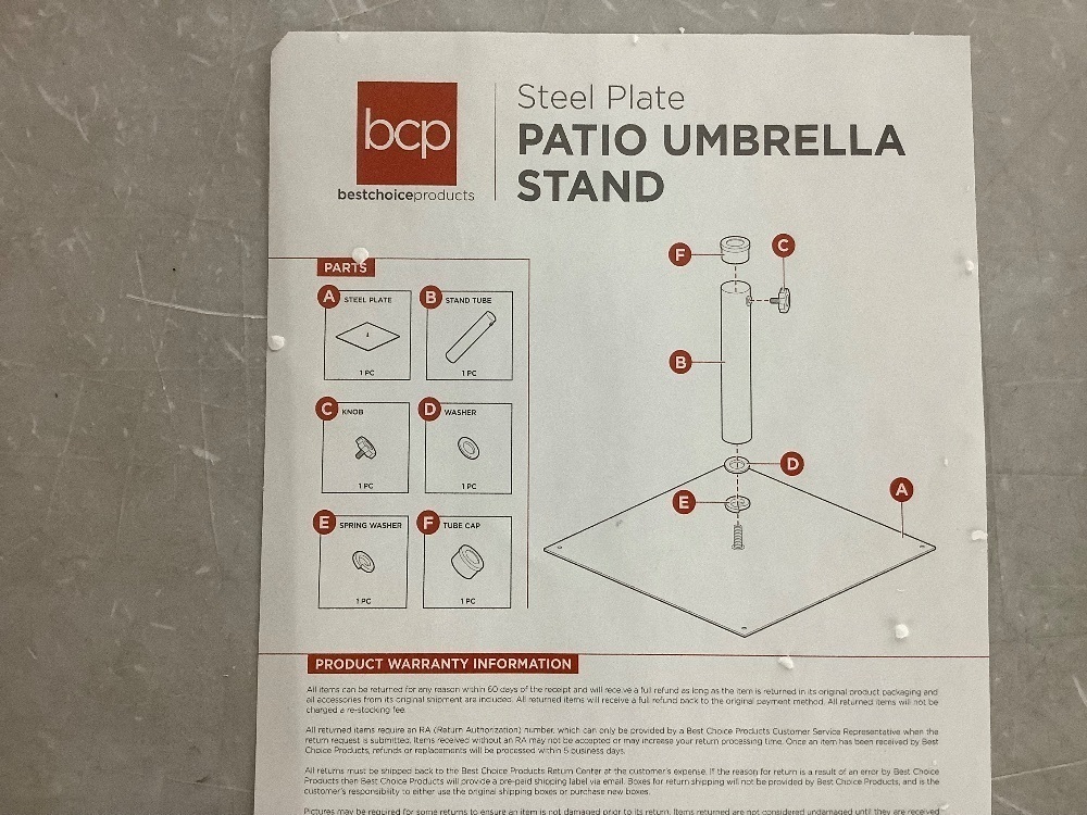 Steel Umbrella Base, Patio Stand w/ Tightening Knob & Anchor Holes - 38.5lb - Image 5 - Lot 481