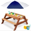 3-in-1 Kids Sand & Water Table Outdoor Wood Picnic Table w/ Umbrella - Thumbnail 1