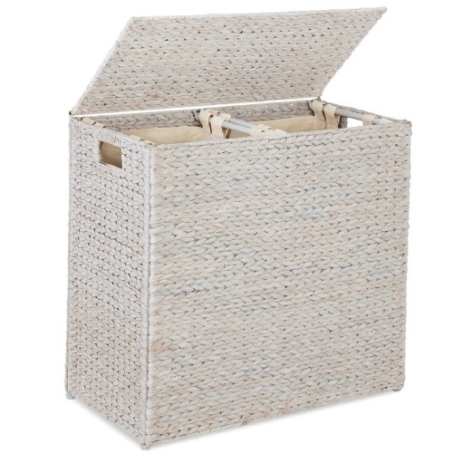 Large Water Hyacinth Double Laundry Hamper Basket w/ 2 Liner Bags - Lot 485
