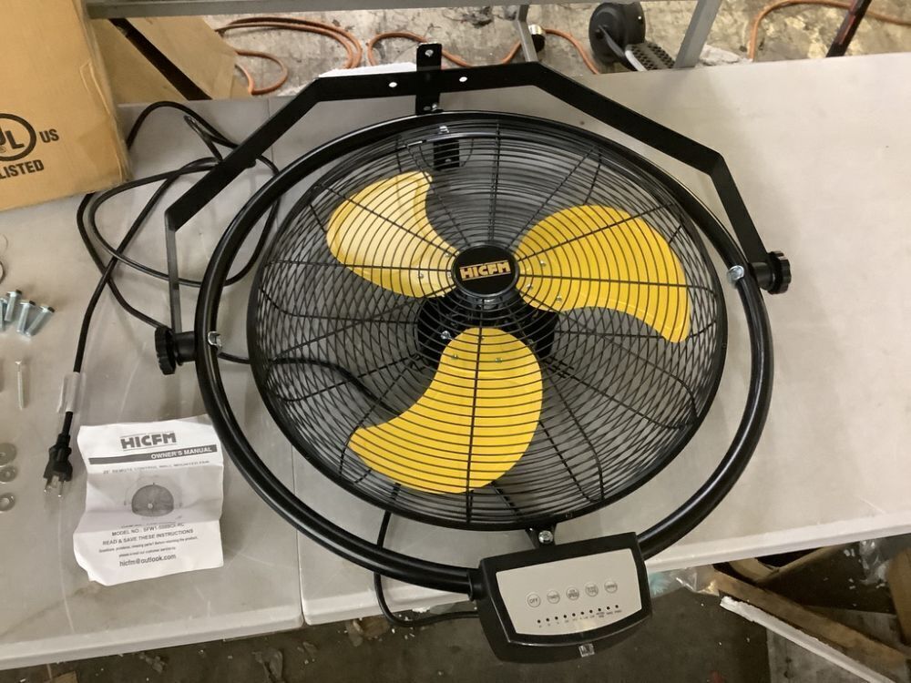 5000 CFM 20 in. Orbital Remote Control Mounted Wall Fan with 3-Speed, Oscillation and Tilting in Yellow - Image 3 - Lot 91JF