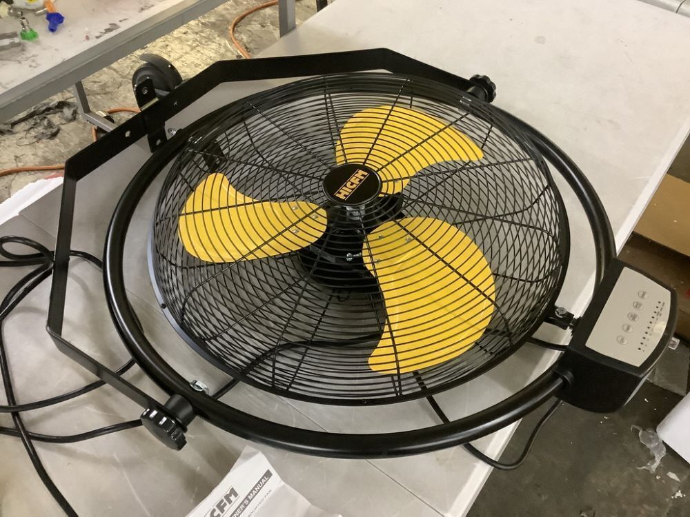 5000 CFM 20 in. Orbital Remote Control Mounted Wall Fan with 3-Speed, Oscillation and Tilting in Yellow - Image 4 - Lot 91JF