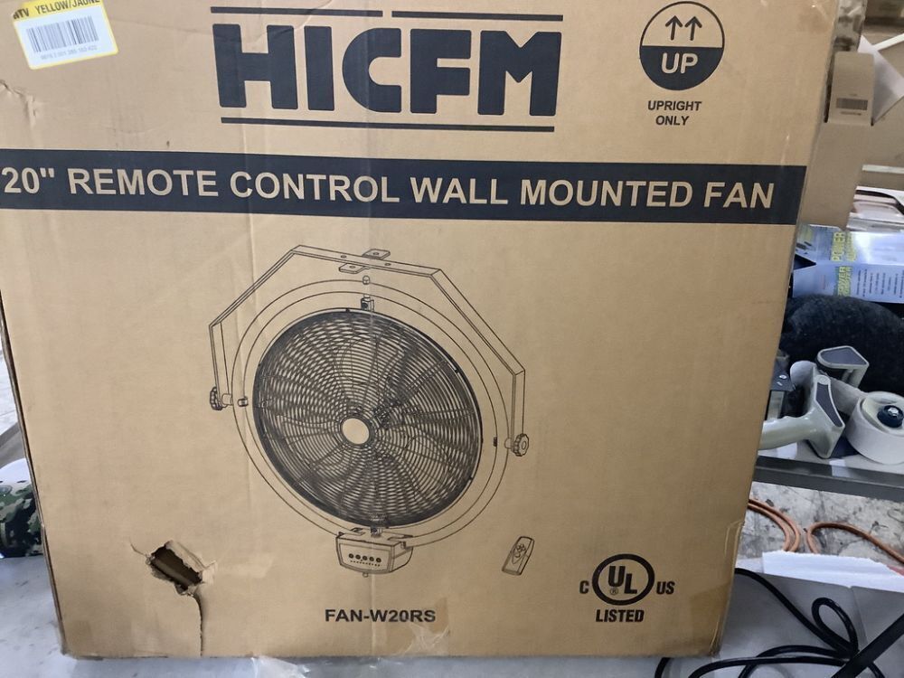 5000 CFM 20 in. Orbital Remote Control Mounted Wall Fan with 3-Speed, Oscillation and Tilting in Yellow - Image 7 - Lot 91JF