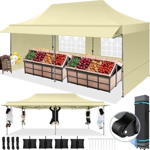 COBIZI 10x20 Pop Up Canopy Tent Heavy Duty with Awning, Sidewalls, Waterproof UPF 50+ - Lot 37JF
