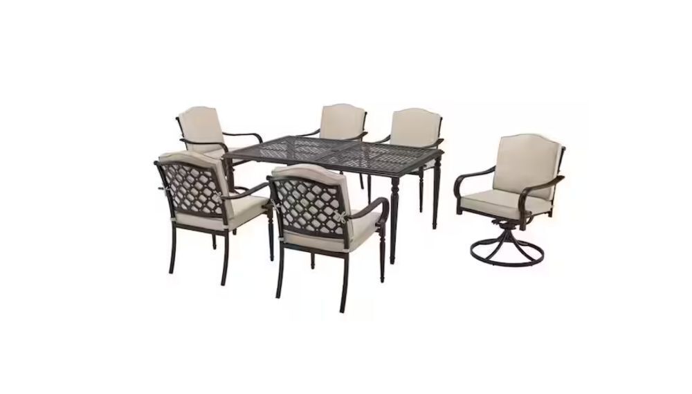 Hampton Bay Laurel Oaks 7-Piece Dark Brown Steel Outdoor Patio Dining Set with CushionGuard Putty Cushions - Image 1 - Lot 5JF