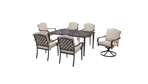 Hampton Bay Laurel Oaks 7-Piece Dark Brown Steel Outdoor Patio Dining Set with CushionGuard Putty Cushions - Lot 5JF