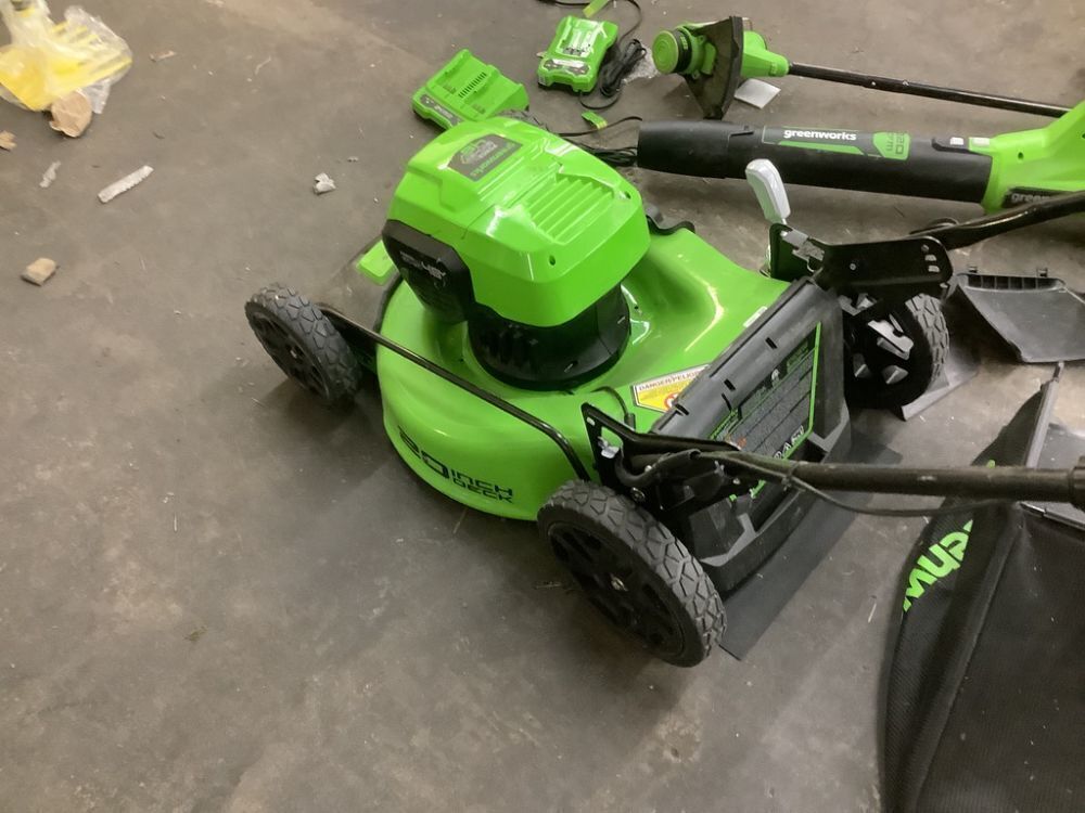 Greenworks 48V Electric 20" Steel Deck Push Mower, 12" String Trimmer, 320 CFM Blower, 3 Batteries & 2 Chargers - Image 9 - Lot 59JF