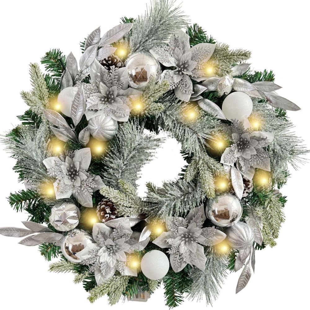WANNA-CUL Pre-Lit 24 Inch Lighted Christmas Wreath with Silver White Christmas Ball Ornaments and Poinsettia Flowers - Image 1 - Lot 326