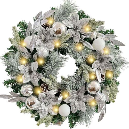 WANNA-CUL Pre-Lit 24 Inch Lighted Christmas Wreath with Silver White Christmas Ball Ornaments and Poinsettia Flowers - Lot 326