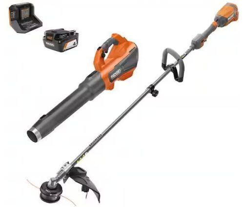 RIDGID 18V Brushless 14 in. Cordless Battery String Trimmer and Leaf Blower 2-Tool Combo Kit with 4.0 Ah Battery and Charger - Lot 25JF