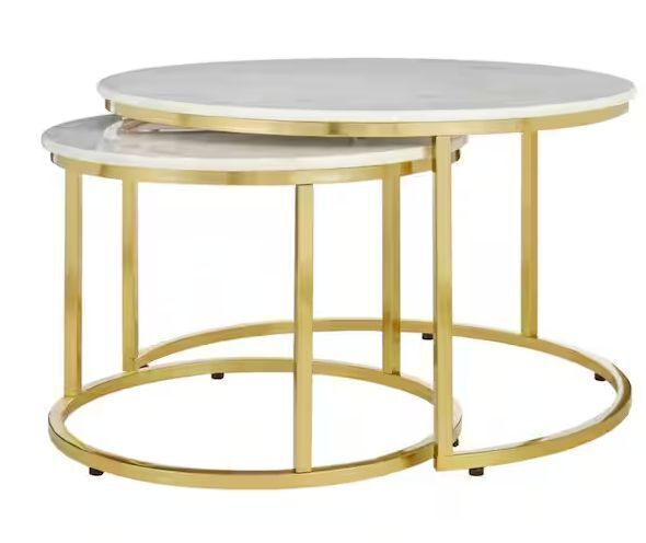 Home Decorators Collection Cheval 2-Piece 31 in. Gold/Marble Medium Round Marble Coffee Table Set - Image 1 - Lot 28JF