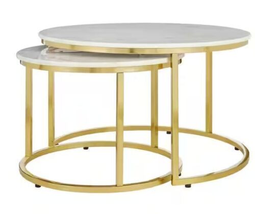 Home Decorators Collection Cheval 2-Piece 31 in. Gold/Marble Medium Round Marble Coffee Table Set - Lot 28JF