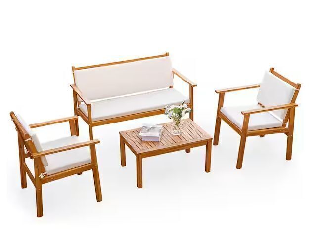 Tozey Chillrest 4-Piece Acacia Wood Patio Conversation Set with Cream Cushion - Image 1 - Lot 35JF