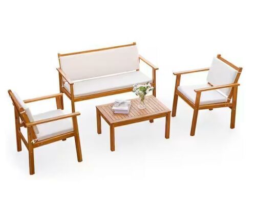Tozey Chillrest 4-Piece Acacia Wood Patio Conversation Set with Cream Cushion - Lot 36JF